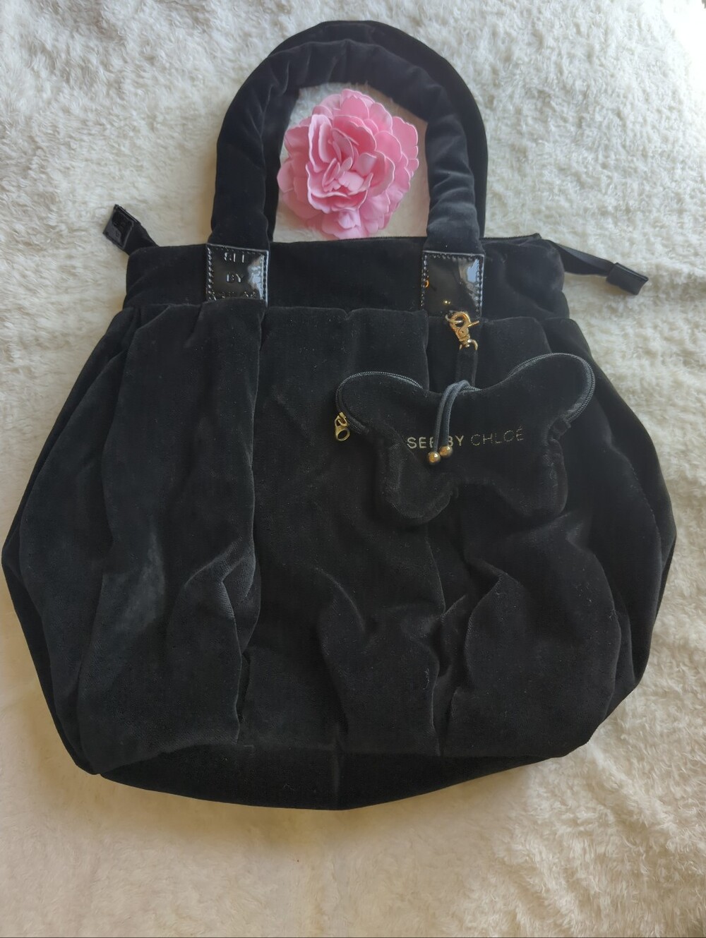 See By Chloé Rich Black Velvet Hobo Tote Bag With Butterfly Zip Coin Pouch Charm